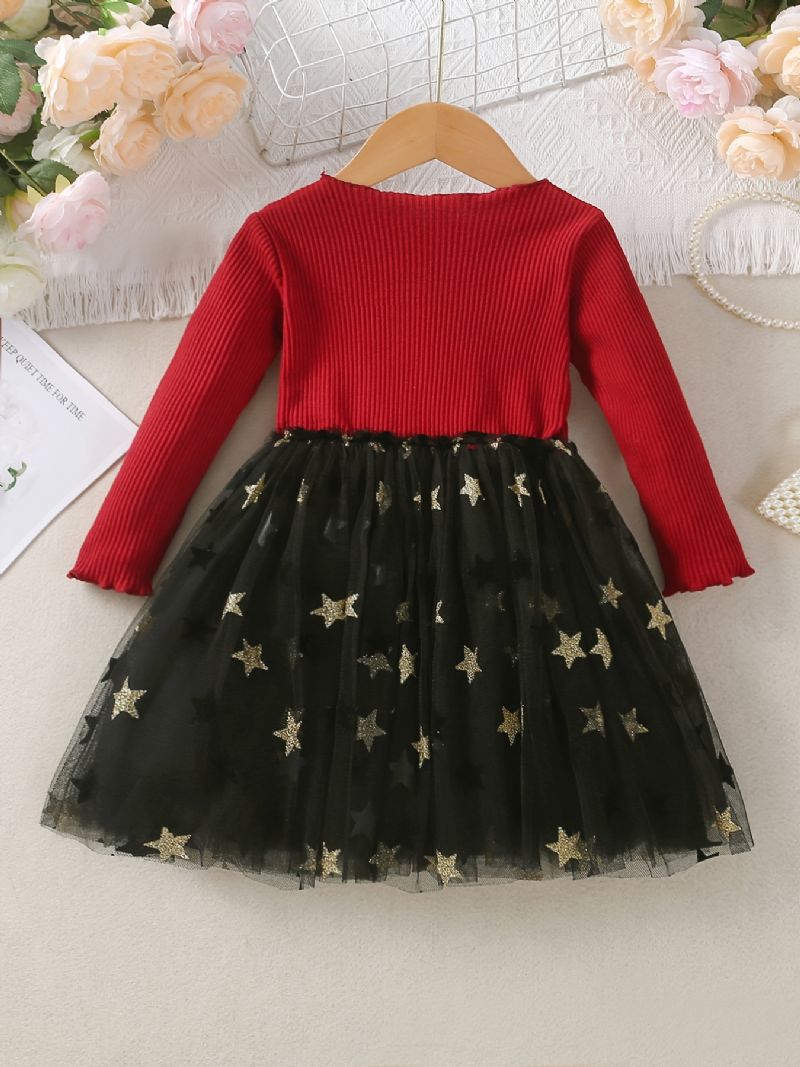 Flickor Long Sleeve Knit Top Mesh Dress Christmas