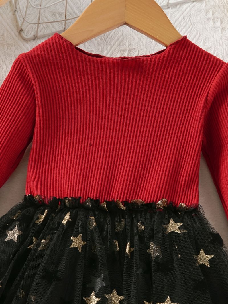 Flickor Long Sleeve Knit Top Mesh Dress Christmas