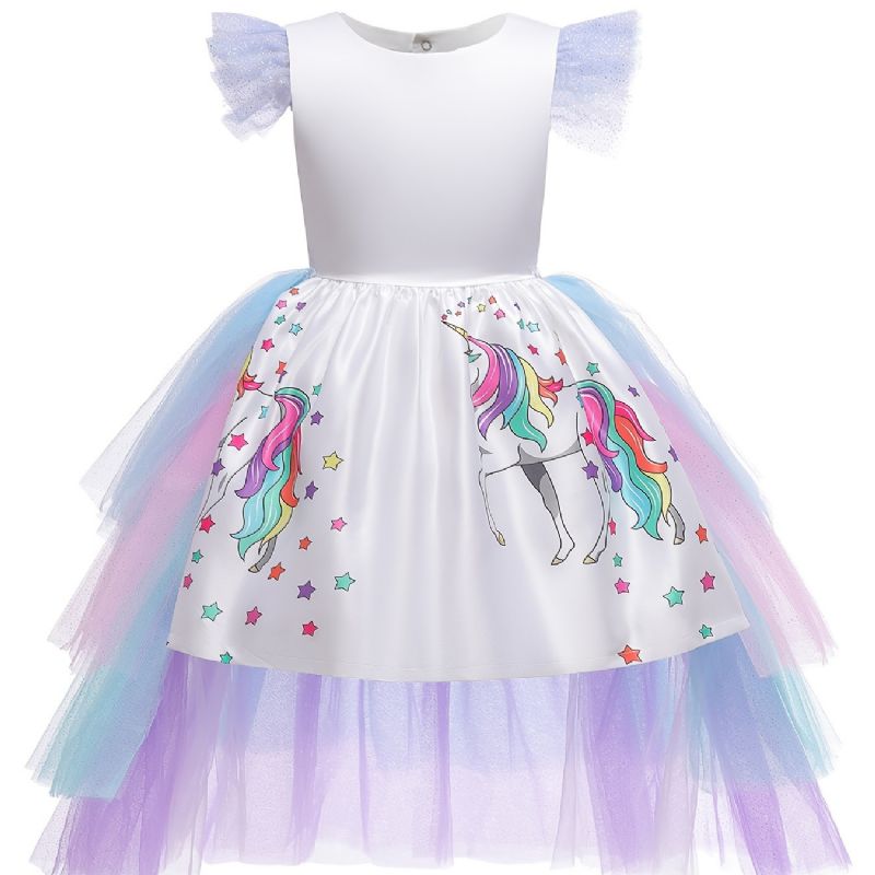 Flickor Mesh Princess Dress Unicorn Print Dräkt Högtidlig Klänning För Festklänning Jul Födelsedag Kvällsfest Bröllop