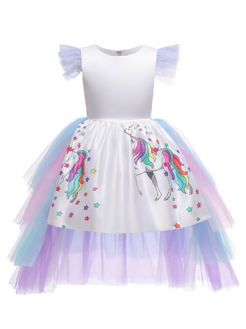 Flickor Mesh Princess Dress Unicorn Print Dräkt Högtidlig Klänning För Festklänning Jul Födelsedag Kvällsfest Bröllop