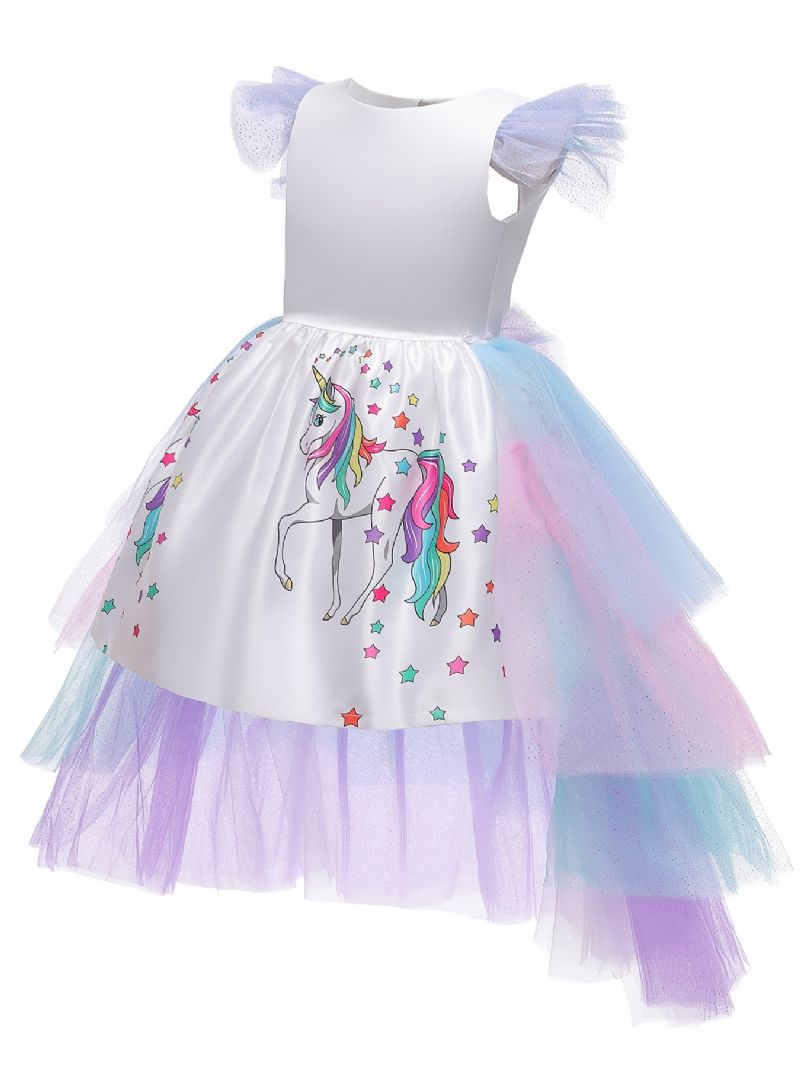 Flickor Mesh Princess Dress Unicorn Print Dräkt Högtidlig Klänning För Festklänning Jul Födelsedag Kvällsfest Bröllop