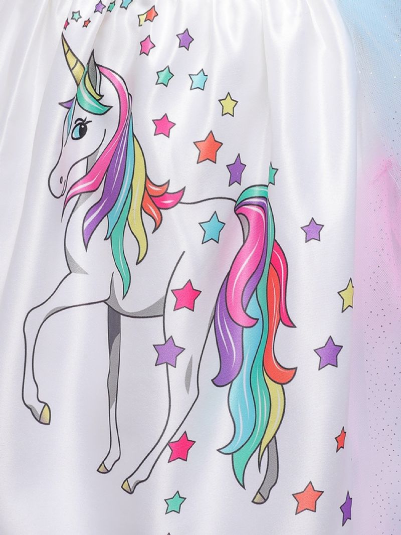 Flickor Mesh Princess Dress Unicorn Print Dräkt Högtidlig Klänning För Festklänning Jul Födelsedag Kvällsfest Bröllop