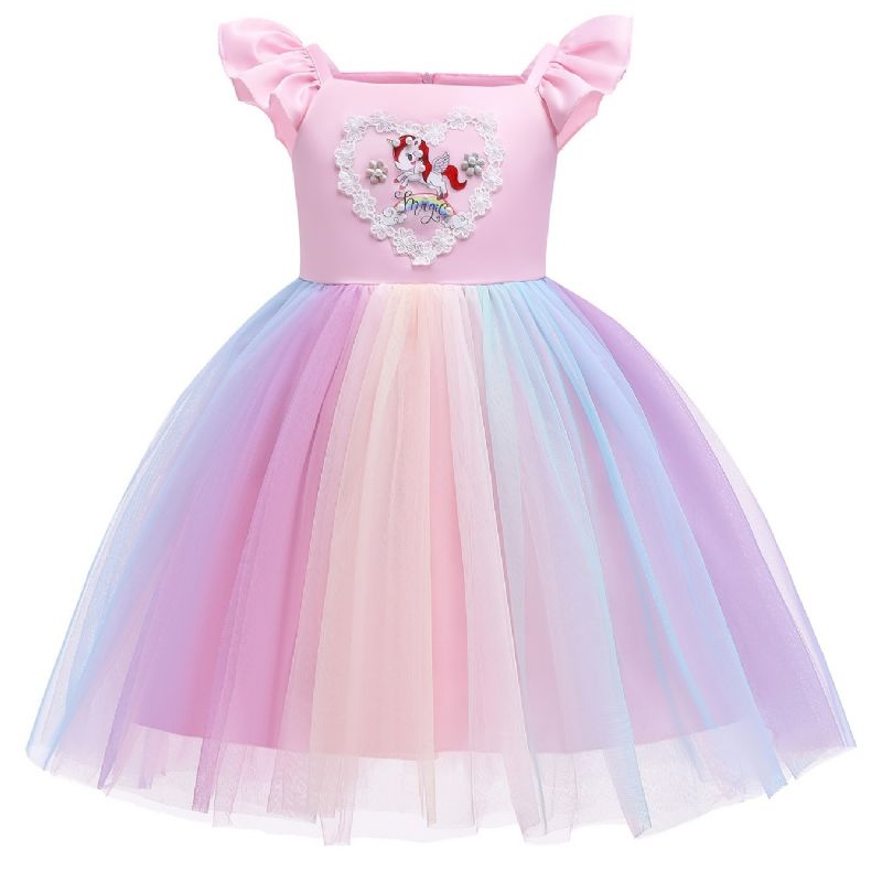 Flickor Prinsessklänning Flugärm Rainbow Unicorn Mesh Tutu Klänning Prestandaklänning Bröllopsblomma För Afton Födelsedagsfest Barnkläder