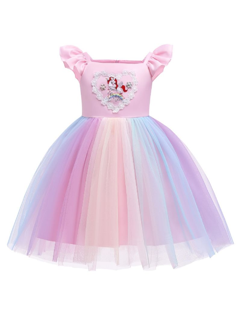 Flickor Prinsessklänning Flugärm Rainbow Unicorn Mesh Tutu Klänning Prestandaklänning Bröllopsblomma För Afton Födelsedagsfest Barnkläder