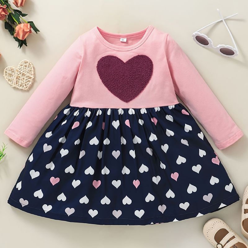 Flickor Söt Elegant Heart Print Princess Dress Långärmad Color Block For Winter