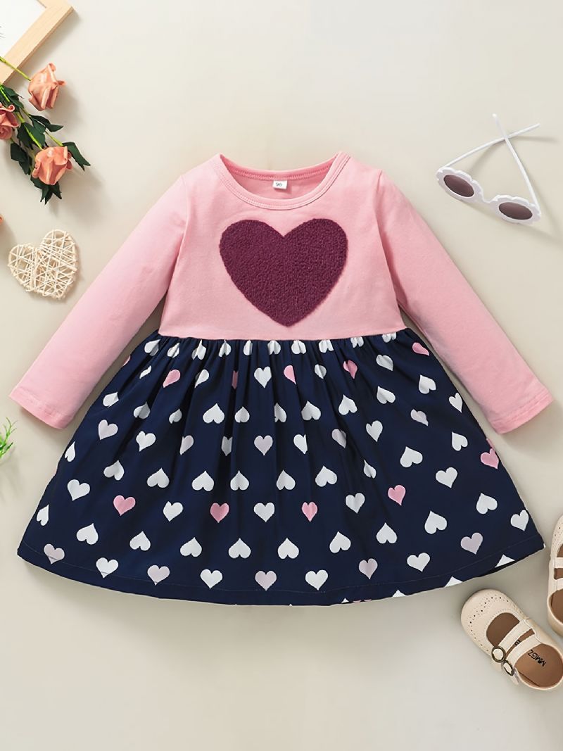 Flickor Söt Elegant Heart Print Princess Dress Långärmad Color Block For Winter