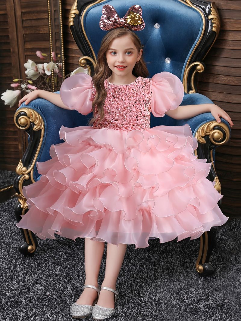 Flickor Söt Elegant Puff Sleeve Mesh Princess Dress For Performance Party Kostymer Rosa