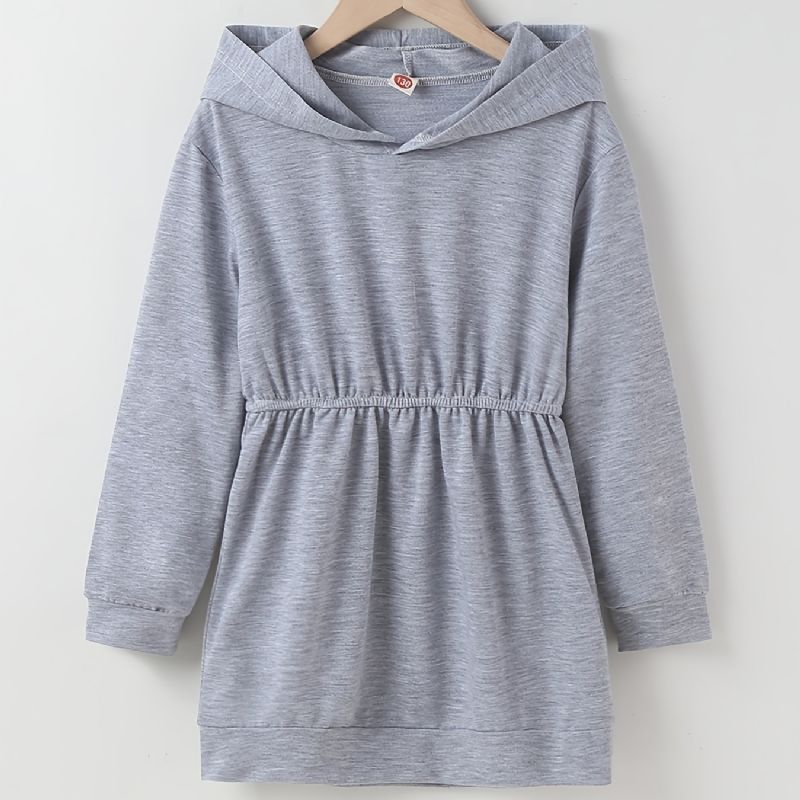 Flickor Solid Långärmad Hooded Casual Dress Barnkläder