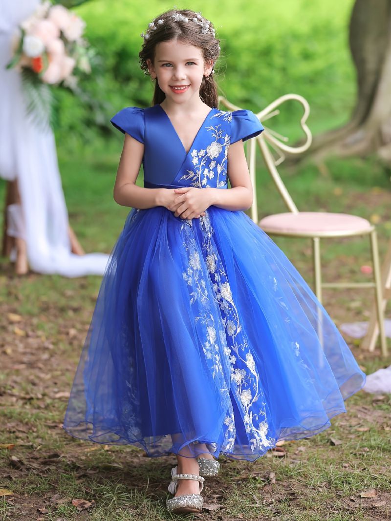 Kortärmad Tyllklänning För Barn Blomsterbroderi Festklänning Prinsessklänning Bröllopsklänning Blomstertjejer Barnkläder