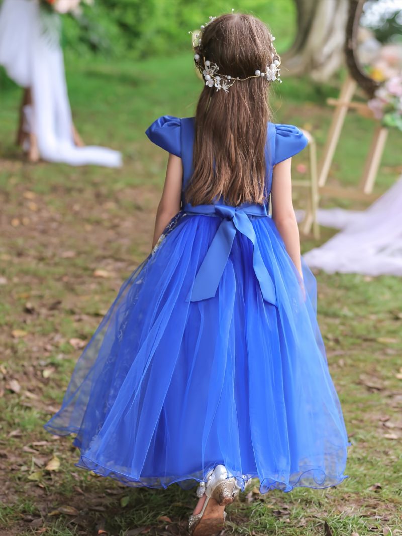 Kortärmad Tyllklänning För Barn Blomsterbroderi Festklänning Prinsessklänning Bröllopsklänning Blomstertjejer Barnkläder