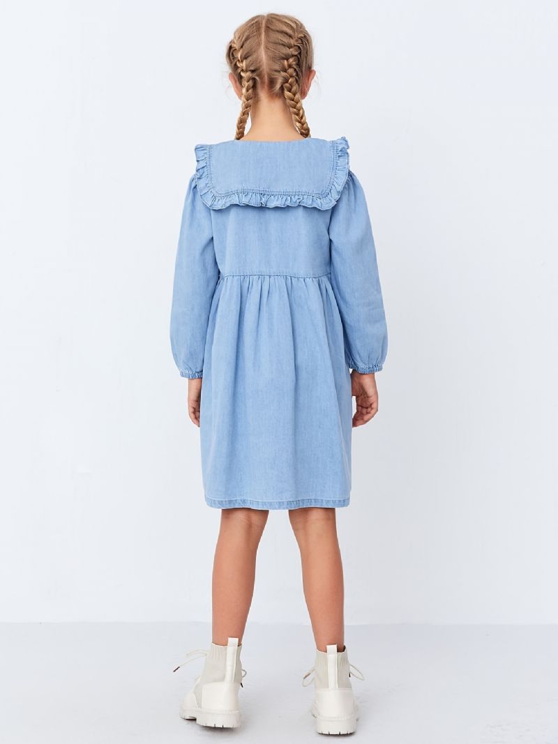 Långärmad Ruffle Casual Denim Klänning För Bebis Flickor Småbarn