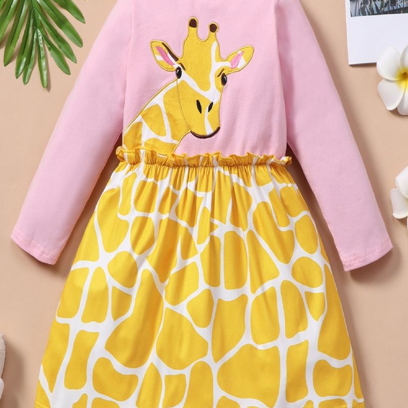 Söt Tecknad Långärmad Giraffklänning Med Rund Hals Rosa Topp Andas Skön Skjorta Lätt Tjejklänning Mjuk Elegant Blus