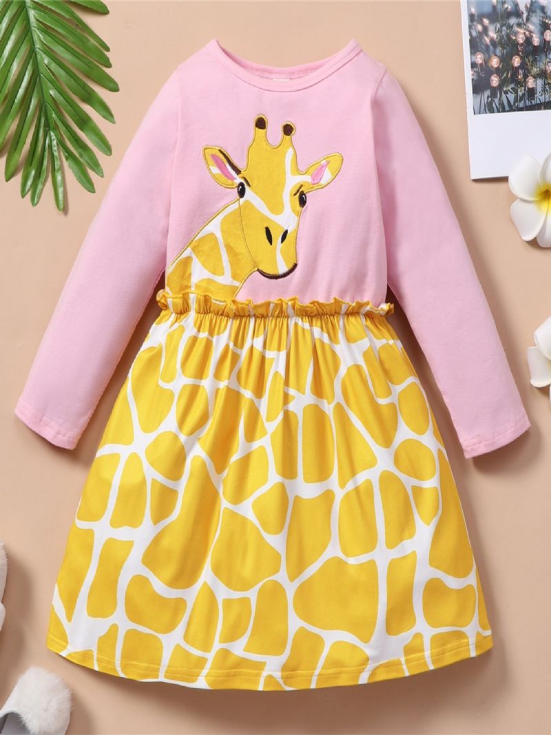 Söt Tecknad Långärmad Giraffklänning Med Rund Hals Rosa Topp Andas Skön Skjorta Lätt Tjejklänning Mjuk Elegant Blus