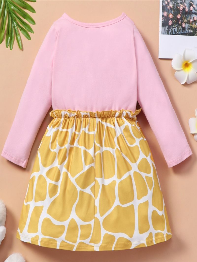 Söt Tecknad Långärmad Giraffklänning Med Rund Hals Rosa Topp Andas Skön Skjorta Lätt Tjejklänning Mjuk Elegant Blus