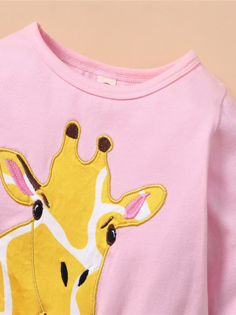 Söt Tecknad Långärmad Giraffklänning Med Rund Hals Rosa Topp Andas Skön Skjorta Lätt Tjejklänning Mjuk Elegant Blus