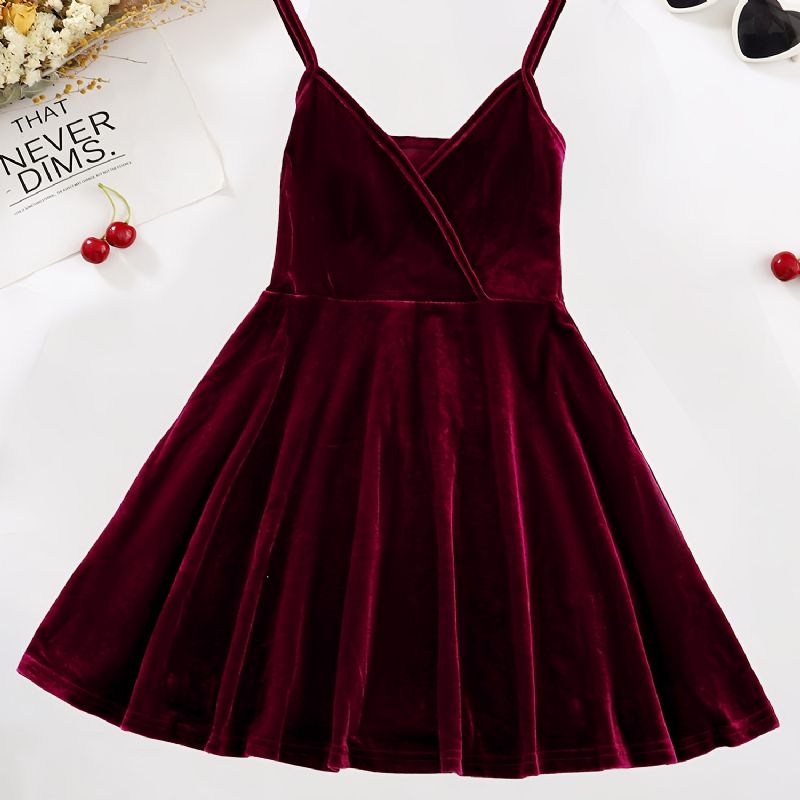 Tjej Burgundy Velvet Spaghetti Stap Cami Dress Barnkläder