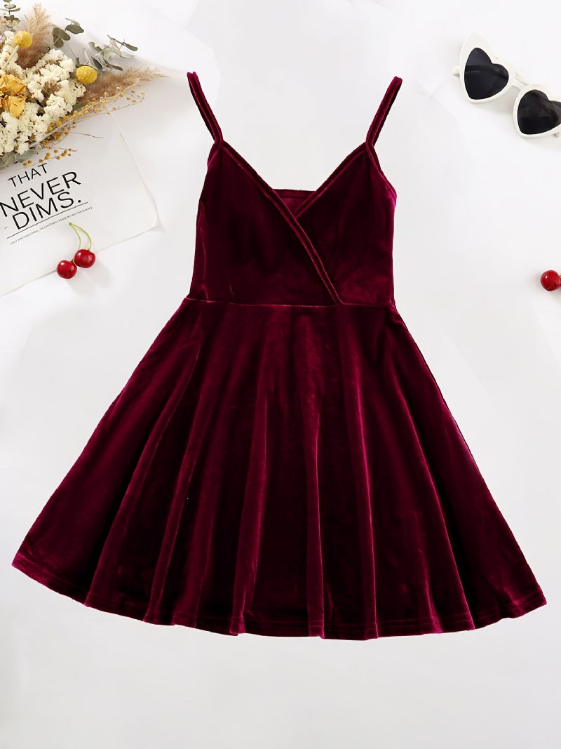 Tjej Burgundy Velvet Spaghetti Stap Cami Dress Barnkläder