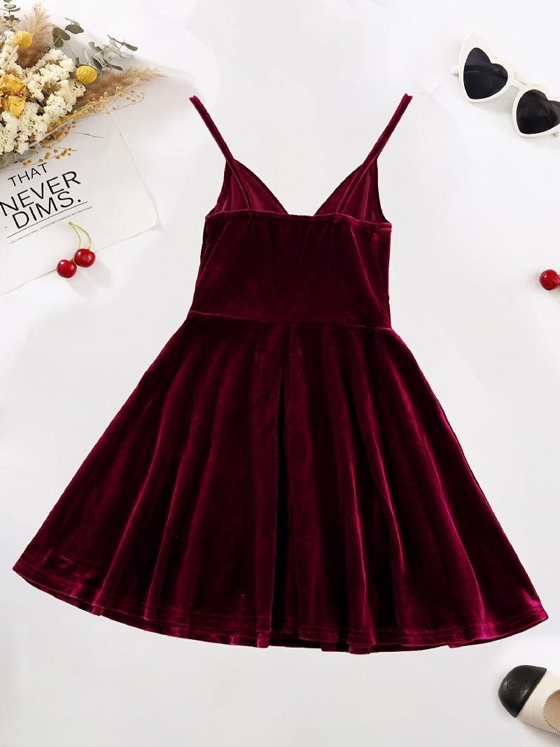 Tjej Burgundy Velvet Spaghetti Stap Cami Dress Barnkläder