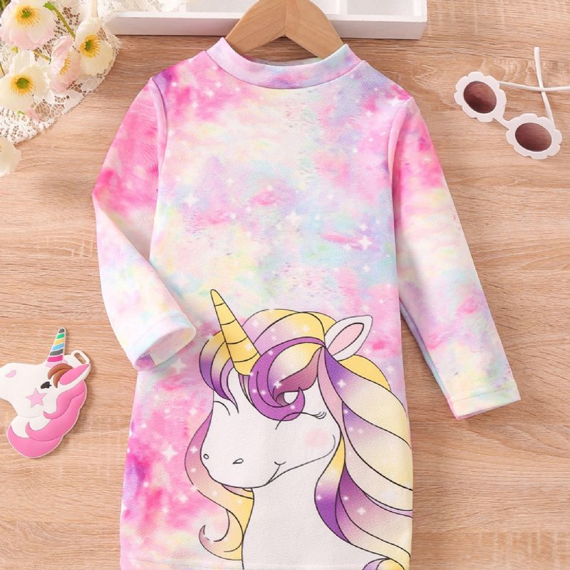 Tjejklänning Tie Dye Unicorn Print Långärmad Klänning Princess Dress