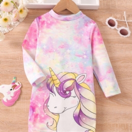 Tjejklänning Tie Dye Unicorn Print Långärmad Klänning Princess Dress