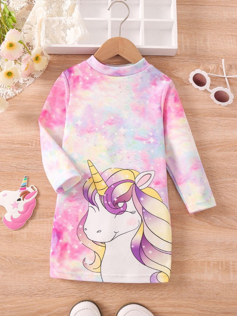 Tjejklänning Tie Dye Unicorn Print Långärmad Klänning Princess Dress