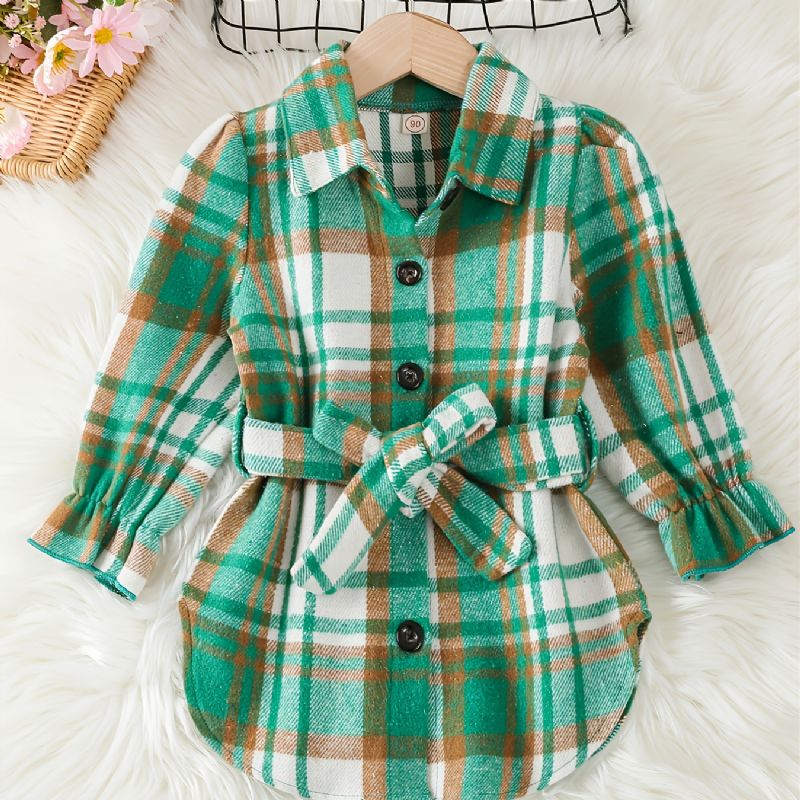 Toddler Flickor Gingham Collared Puff Sleeve Blus Klänning & Bälte