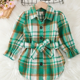 Toddler Flickor Gingham Collared Puff Sleeve Blus Klänning & Bälte