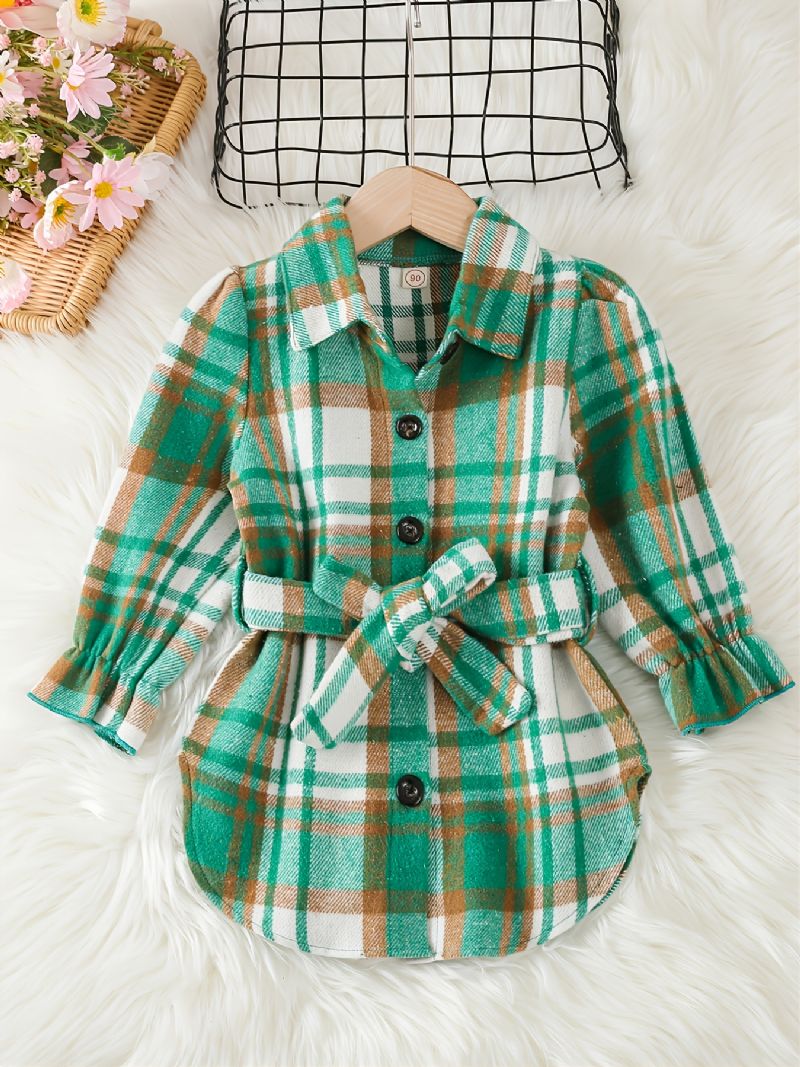 Toddler Flickor Gingham Collared Puff Sleeve Blus Klänning & Bälte