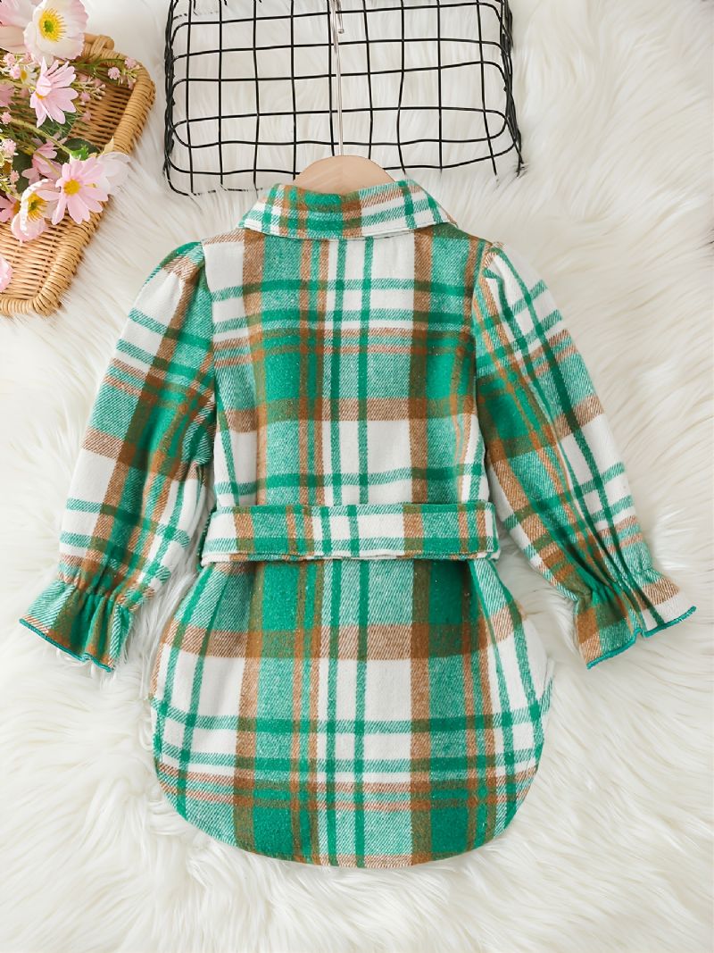 Toddler Flickor Gingham Collared Puff Sleeve Blus Klänning & Bälte