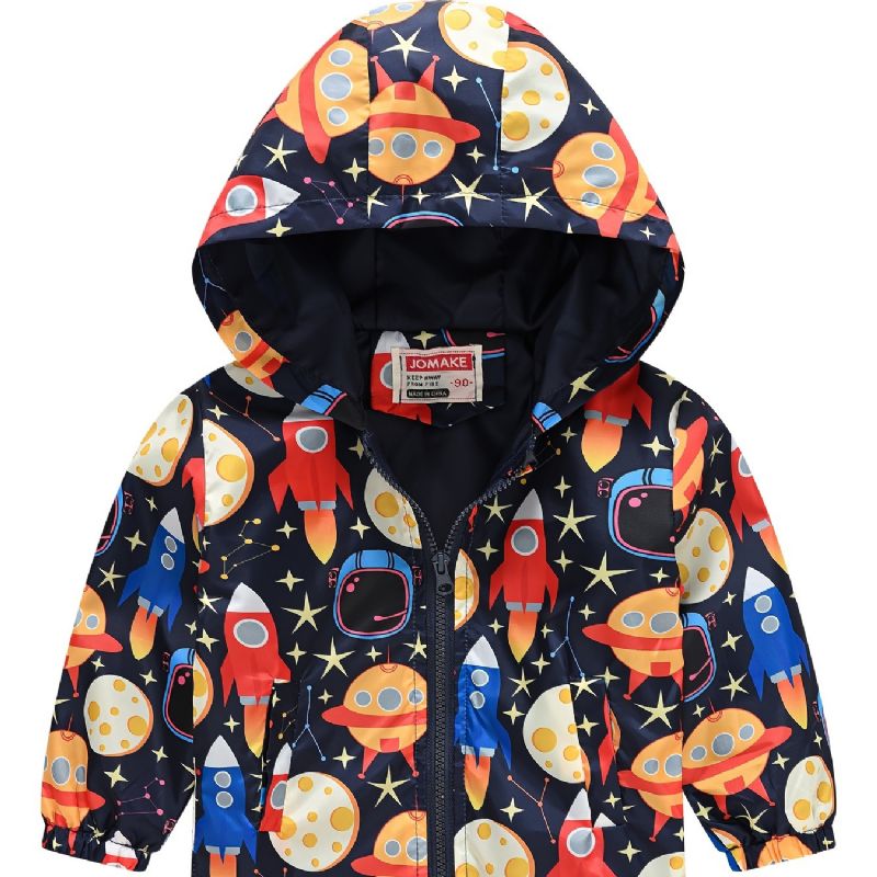 1st Casual Söt Rocket Print Dragkedja Huvjacka Cardigan Krage Fleece Thermal Jacka För Vinter Pojkar Flickor