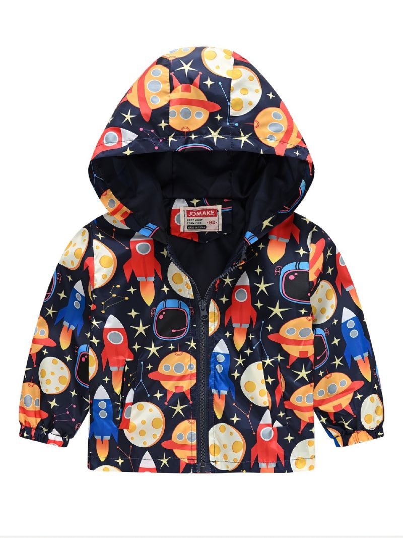 1st Casual Söt Rocket Print Dragkedja Huvjacka Cardigan Krage Fleece Thermal Jacka För Vinter Pojkar Flickor