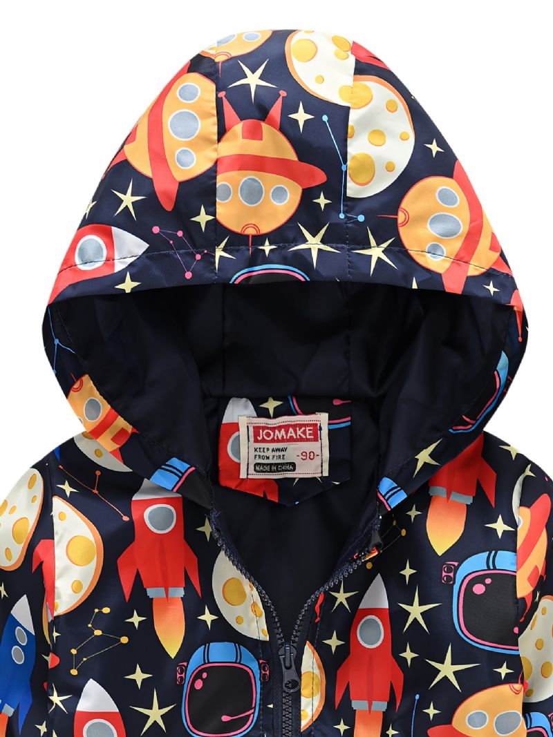 1st Casual Söt Rocket Print Dragkedja Huvjacka Cardigan Krage Fleece Thermal Jacka För Vinter Pojkar Flickor