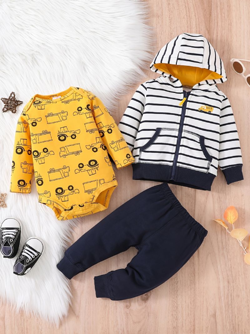 Bebis Pojkar Casual Cartoon Car Print Romper & Randig Zip-up Huvjacka & Byxor