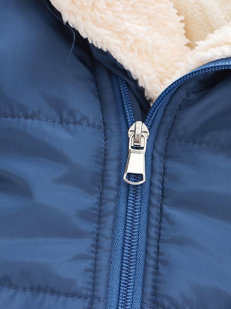 Bebis Pojkar Casual Fleece Thermal Huva Jacka Förtjockad Enfärgad Zip-up Ytterkläder För Vintern