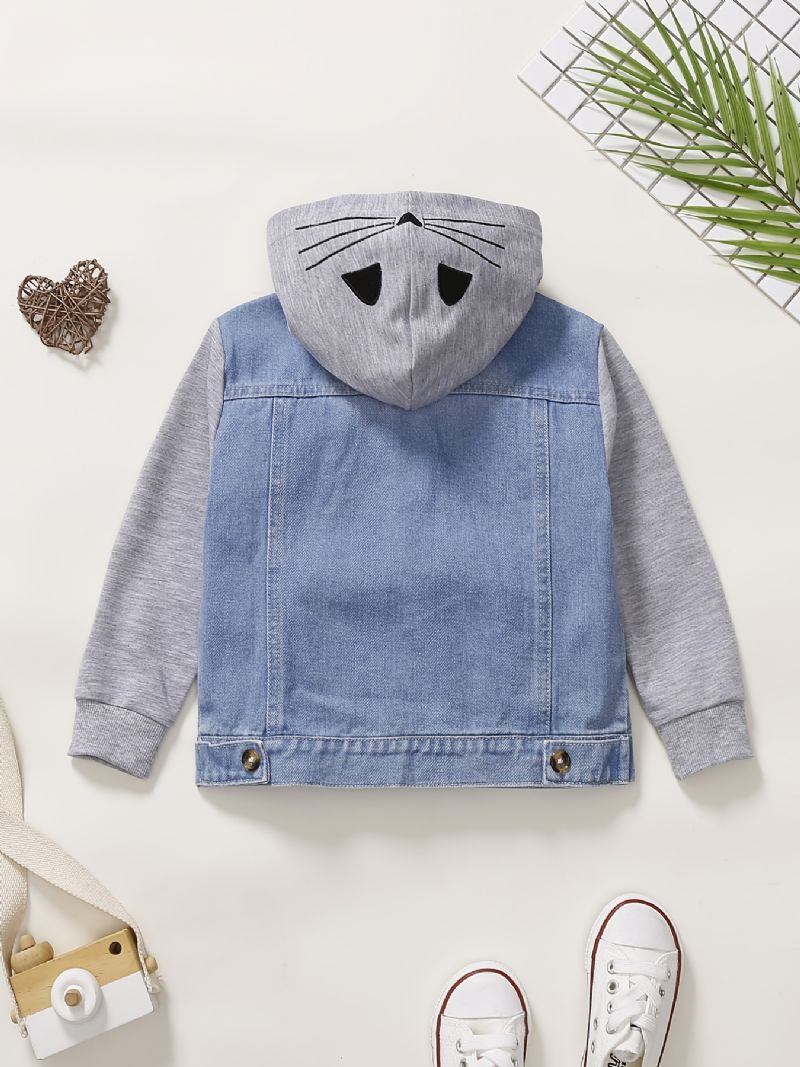 Bebis Pojkar Casual Stitching Hooded Denim Jacka Med Söt Katt Print För Vinter Cerulean