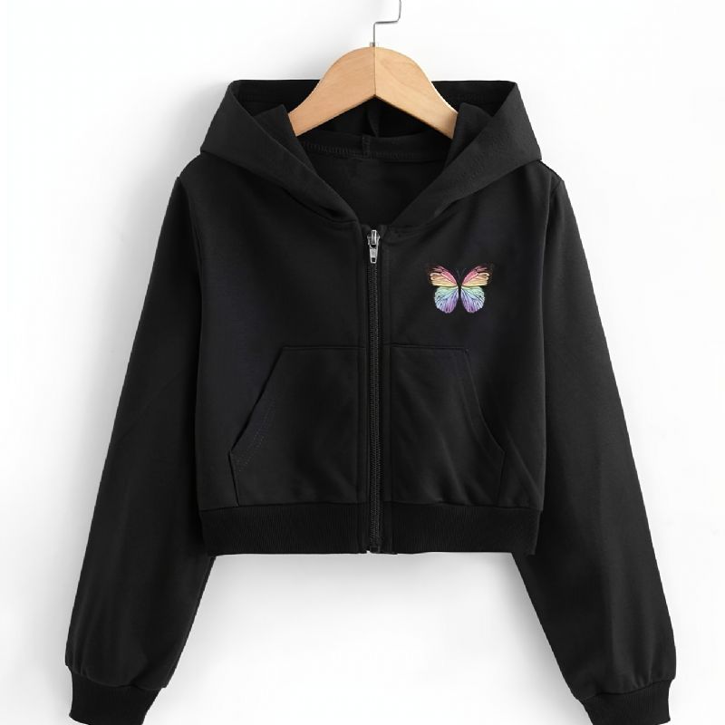 Flickor Crop Top Hoodies Butterfly Print Zip Up Jacka Barnkläder