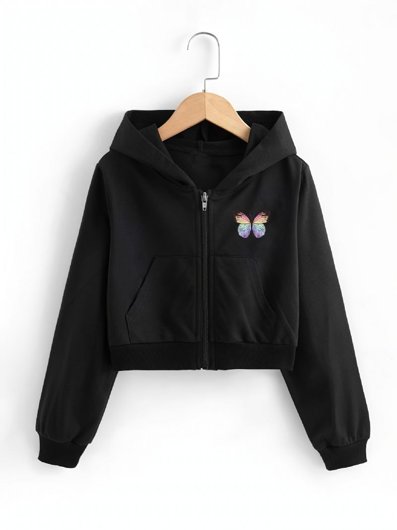 Flickor Crop Top Hoodies Butterfly Print Zip Up Jacka Barnkläder