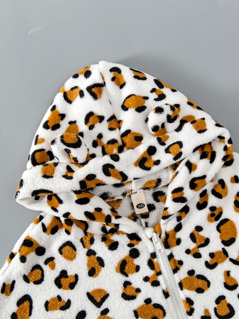 Flickor Leopard Print 3d Öron Design Batwing Ärm Huva Flanell Jacka Kappa Barnkläder