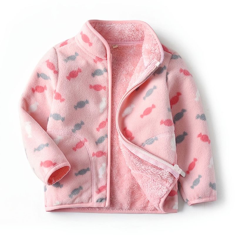 Flickor New Thickened Fleece Stand Krage Jacka Med Candy Print Ytterkläder För Vinter Rosa