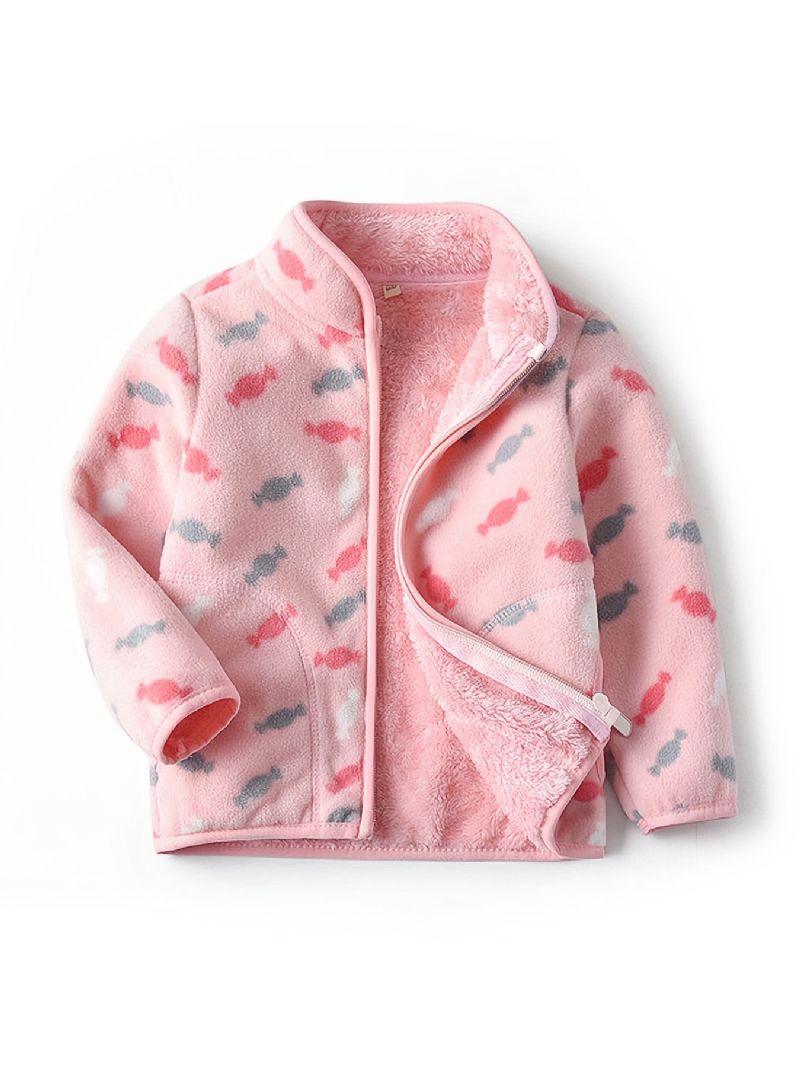 Flickor New Thickened Fleece Stand Krage Jacka Med Candy Print Ytterkläder För Vinter Rosa