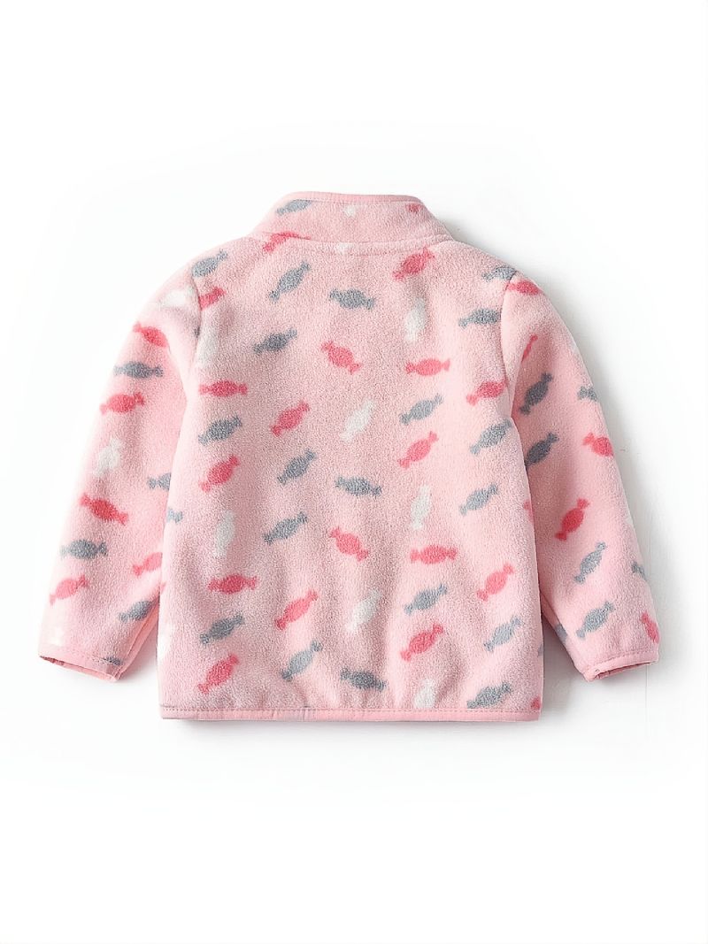 Flickor New Thickened Fleece Stand Krage Jacka Med Candy Print Ytterkläder För Vinter Rosa