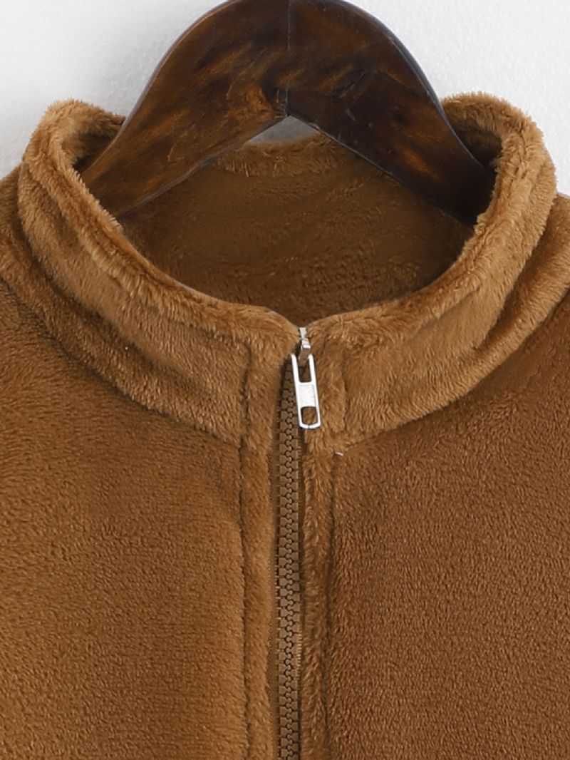 Flickor Plysch Beskuren Jacka Barn Solid Hög Hals Flanell Casual Fleece