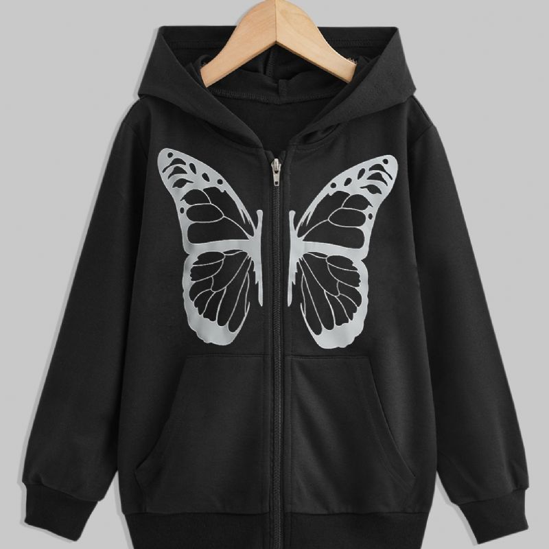 Höst & Vinter Flickor Casual Butterfly Print Dragkedja Huvtröja