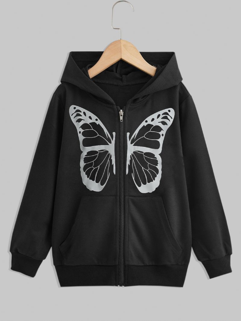 Höst & Vinter Flickor Casual Butterfly Print Dragkedja Huvtröja