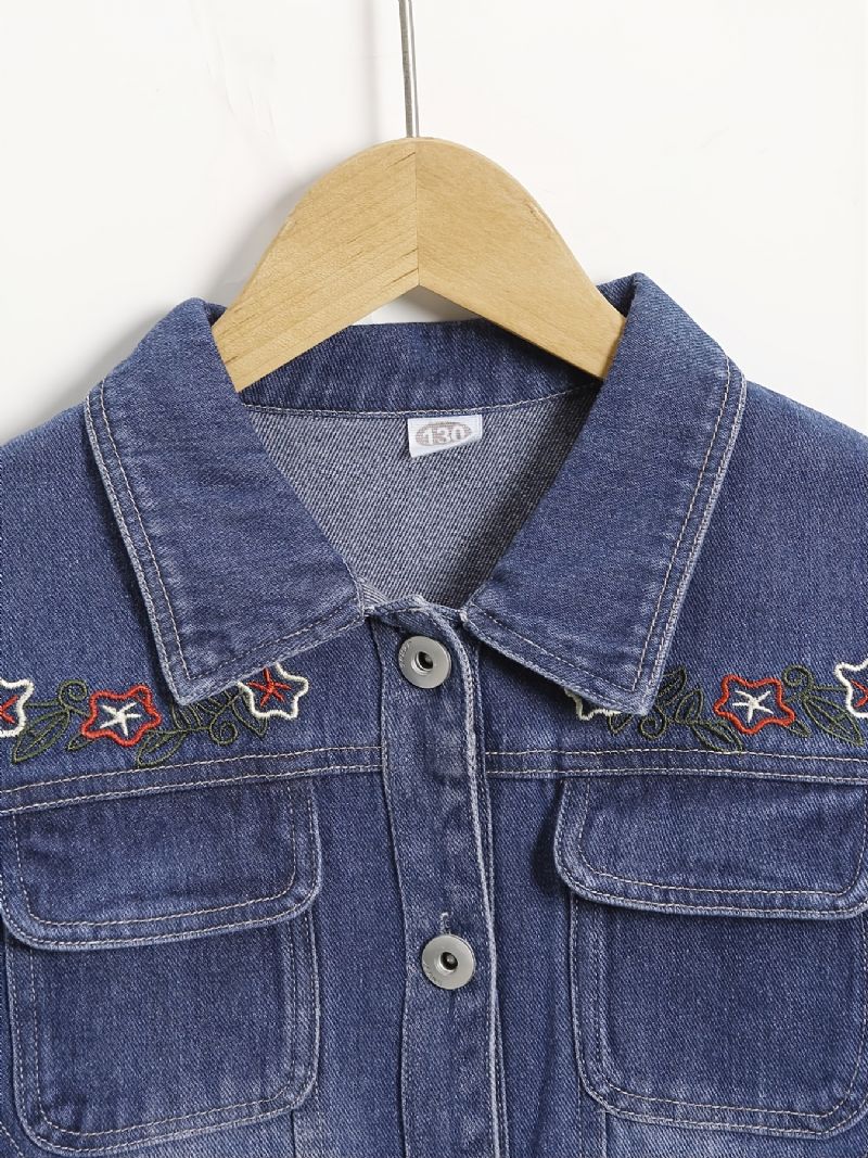 Höst Vinter Flickor Modeabla Broderade Blomma Lapel Denim Jacka