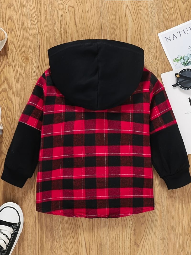 Pojkar Casual Color Block Huvjacka Med Rutigt Tryck Button Down Ytterkläder Barnkläder