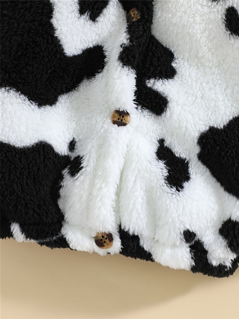 Pojkar Cow Print Fleece Button Down Huvjacka Varma Barnkläder För Vintern