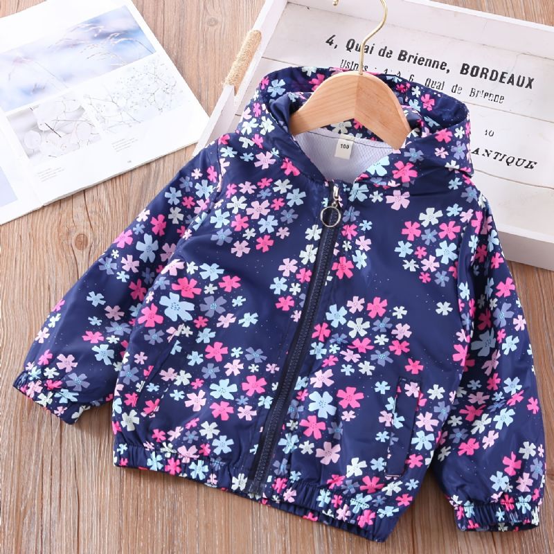 Tjejer Hooded Zipper Jacka Långärmad Blommor Print Pocket Top Barnkläder