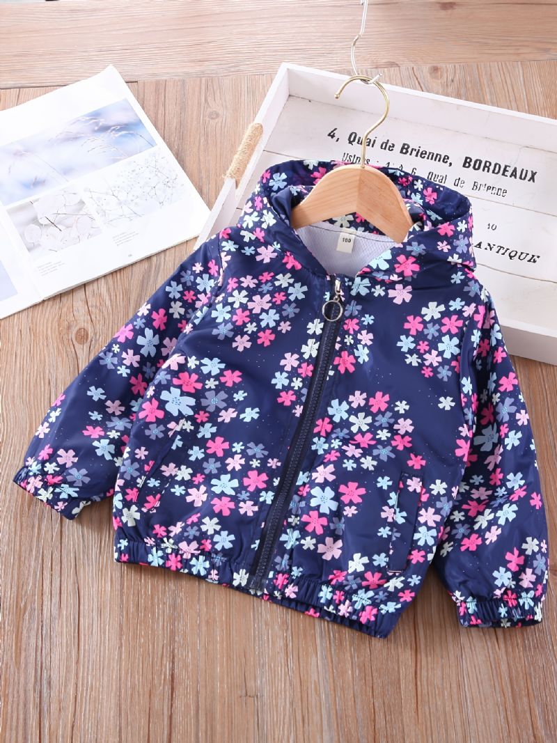 Tjejer Hooded Zipper Jacka Långärmad Blommor Print Pocket Top Barnkläder