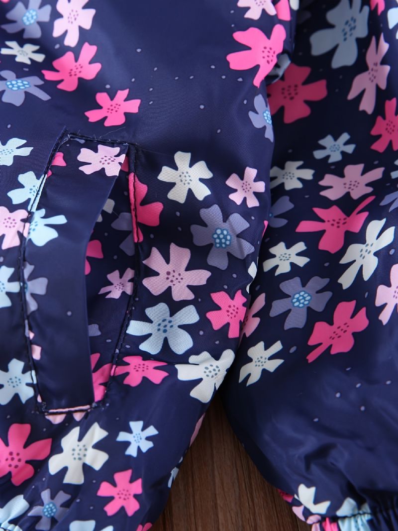 Tjejer Hooded Zipper Jacka Långärmad Blommor Print Pocket Top Barnkläder